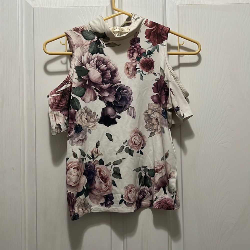 Floral High Neck Tee, Shoulder Cut-Outs, Small
